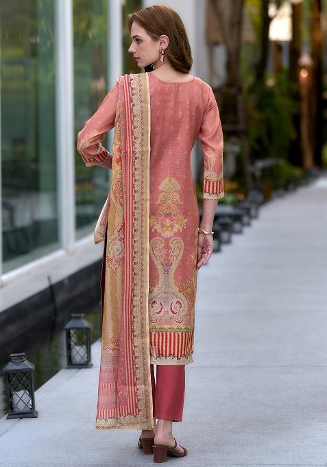 Peach Silk Printed Salwar Kameez With Dupptta