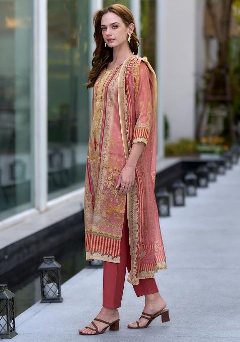 Peach Silk Printed Salwar Kameez With Dupptta