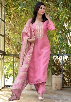 Pink Cotton Embroidered Salwar Kameez With Dupptta