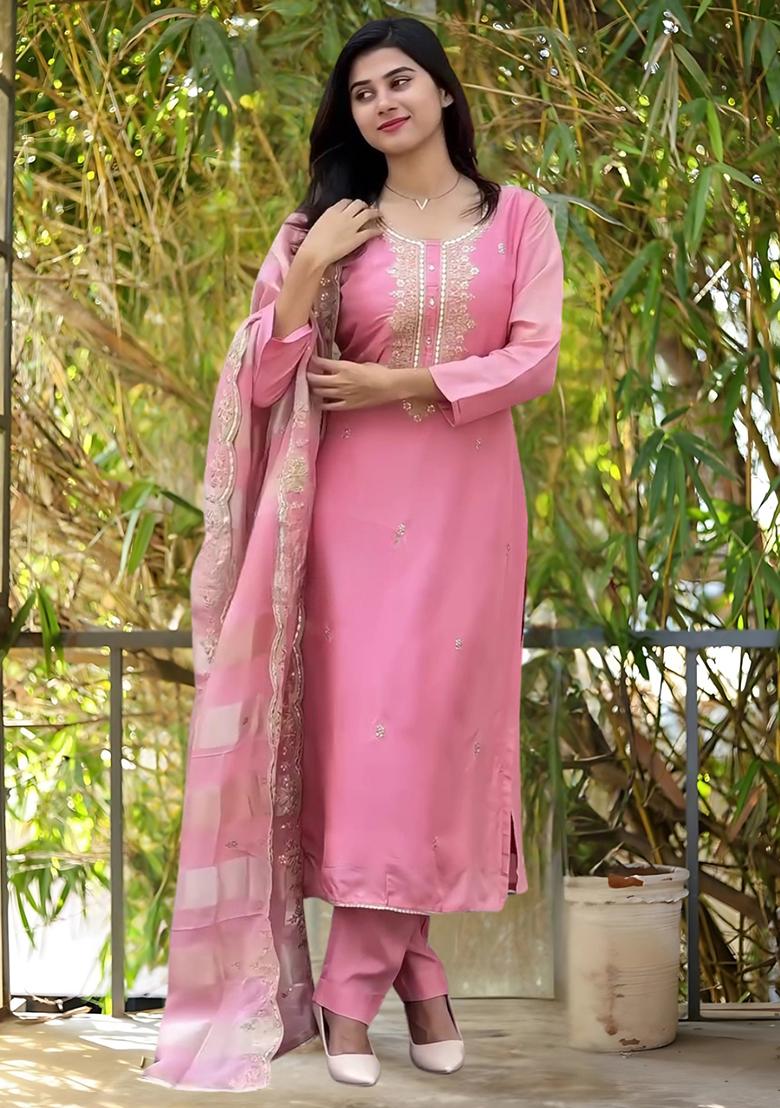 Pink Cotton Embroidered Salwar Kameez With Dupptta