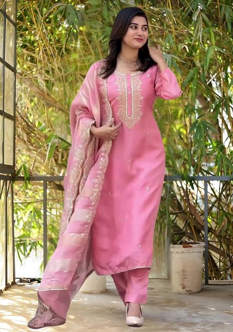 Pink Cotton Embroidered Salwar Kameez With Dupptta