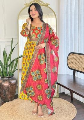 Yellow Rayon Printed Salwar Kameez With Dupptta