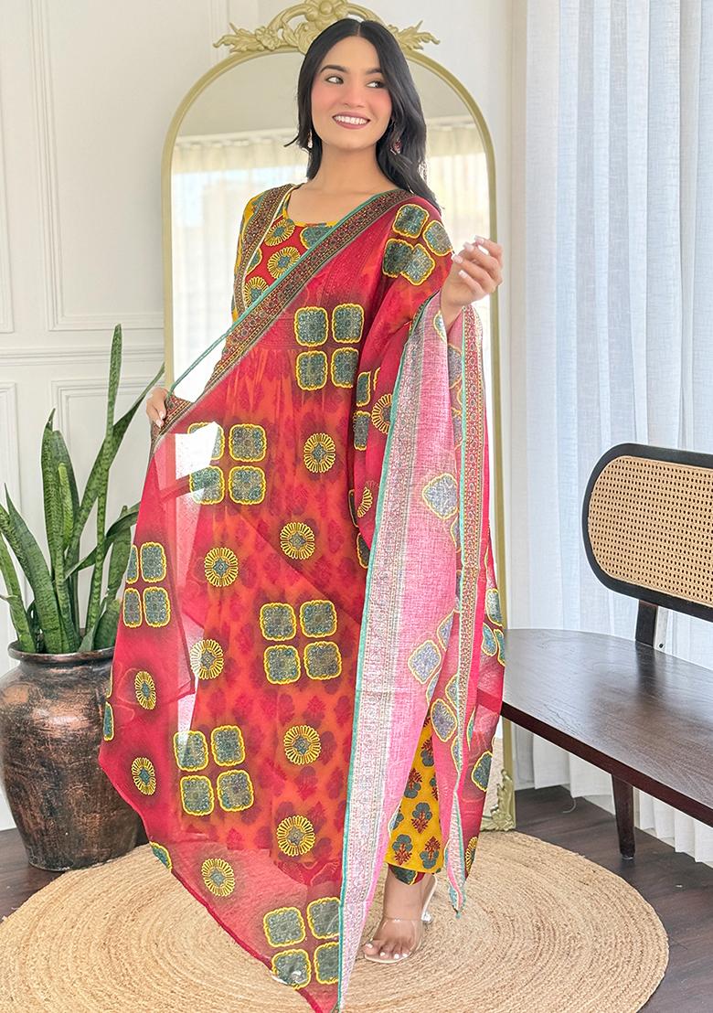 Yellow Rayon Printed Salwar Kameez With Dupptta