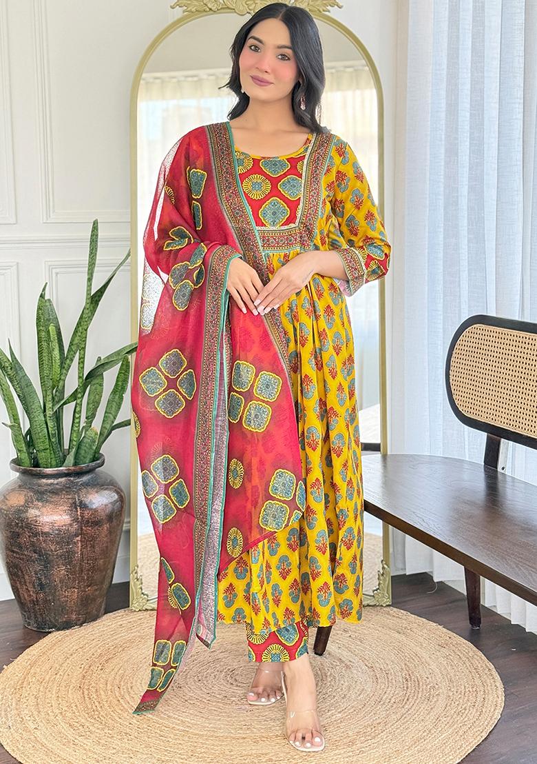Yellow Rayon Printed Salwar Kameez With Dupptta
