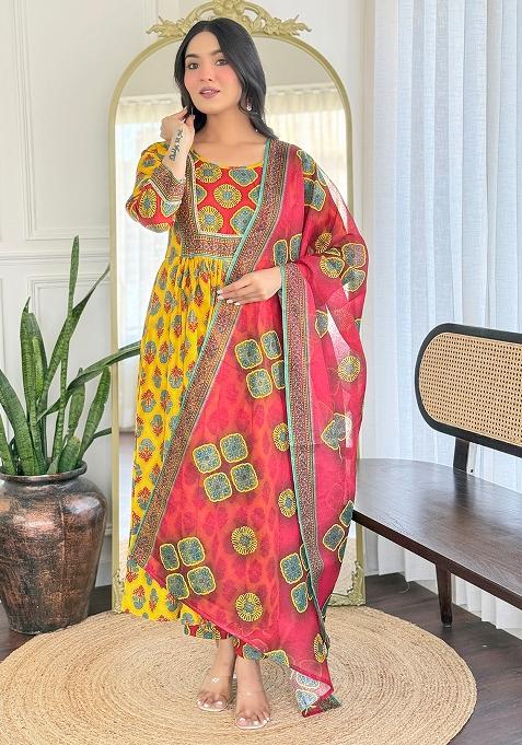 Yellow Rayon Printed Salwar Kameez With Dupptta