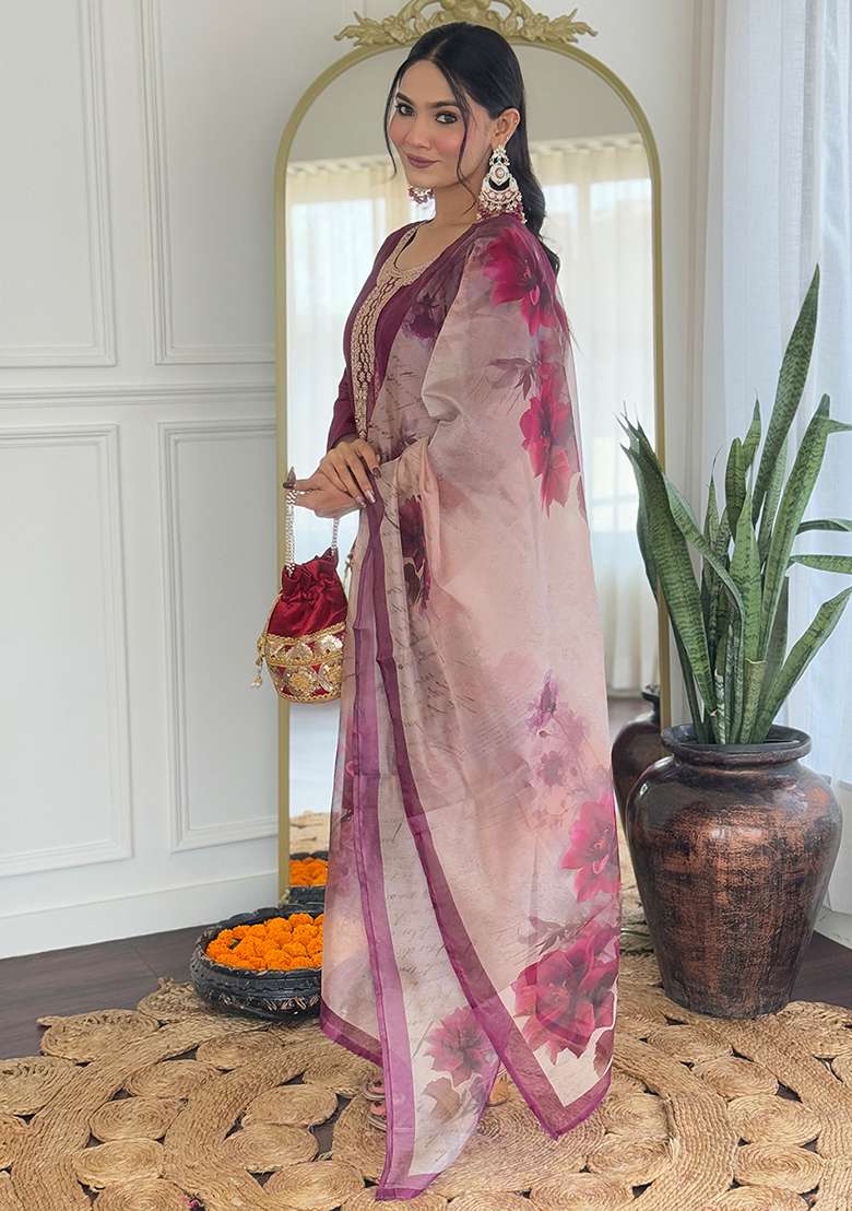 Maroon Embroidered Rayon Straight Kurta Set - Indya