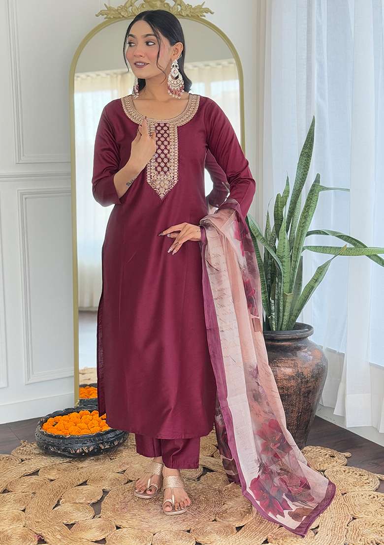 Maroon Embroidered Rayon Straight Kurta Set - Indya