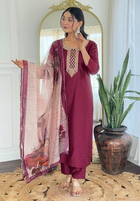 Maroon Rayon Embroidered Salwar Kameez With Dupptta