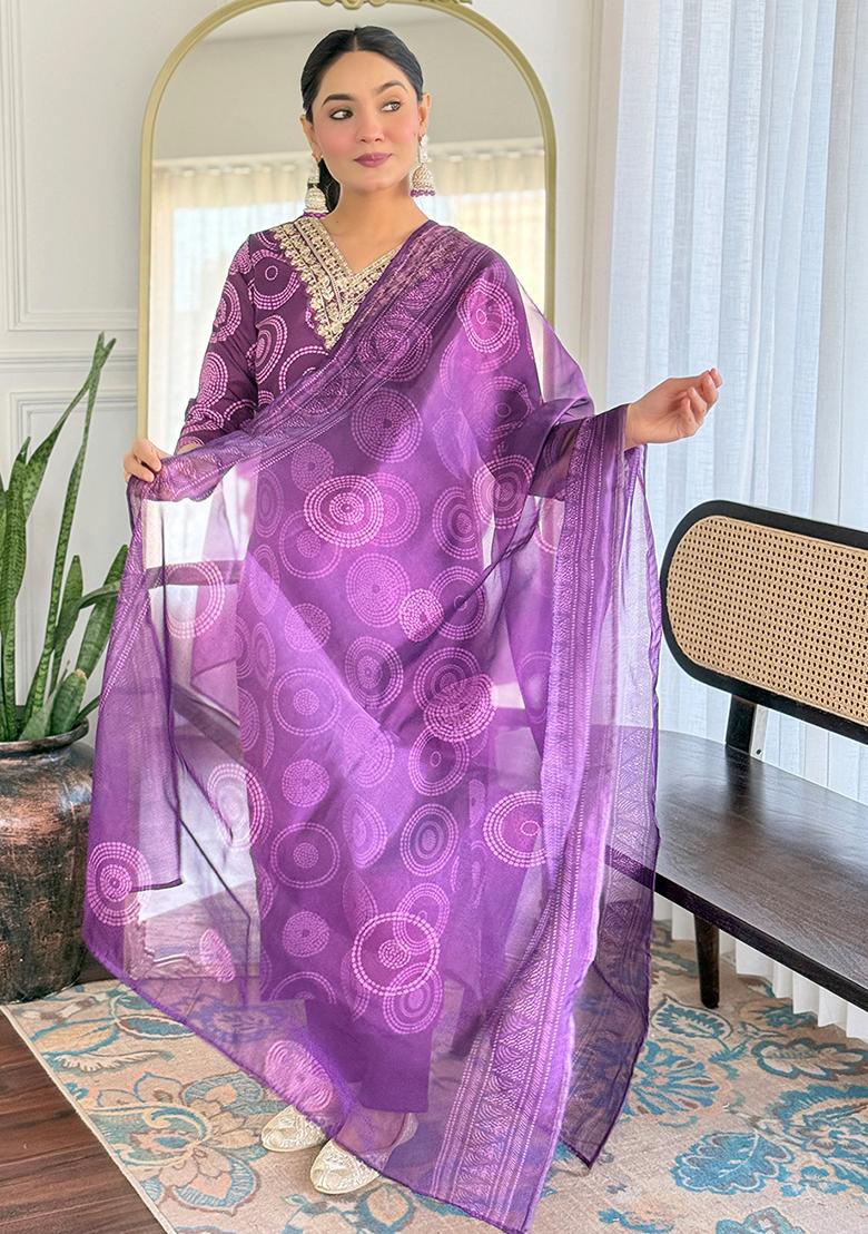 Purple Rayon Printed Salwar Kameez With Dupptta