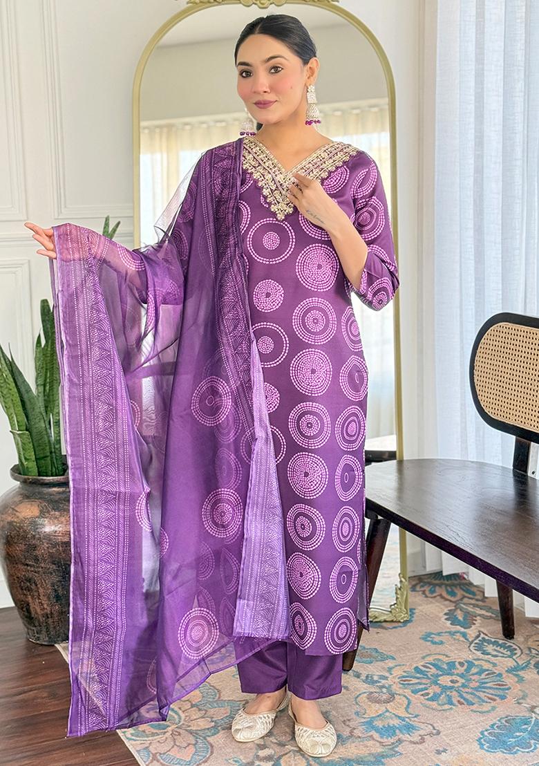 Purple Rayon Printed Salwar Kameez With Dupptta