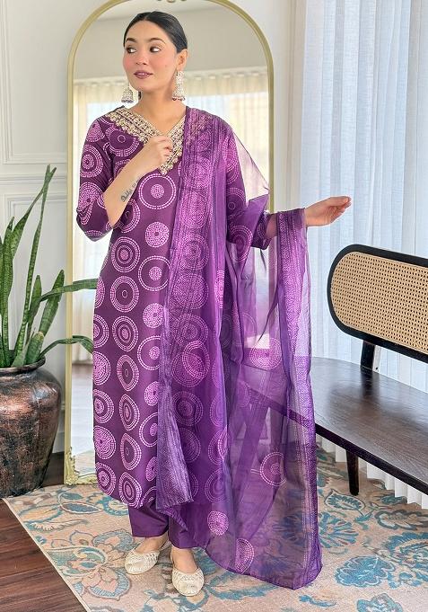 Purple Bandhani Rayon Straight Kurta Set