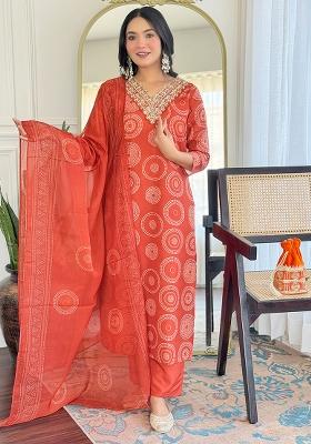 Orange Rayon Printed Salwar Kameez With Dupptta
