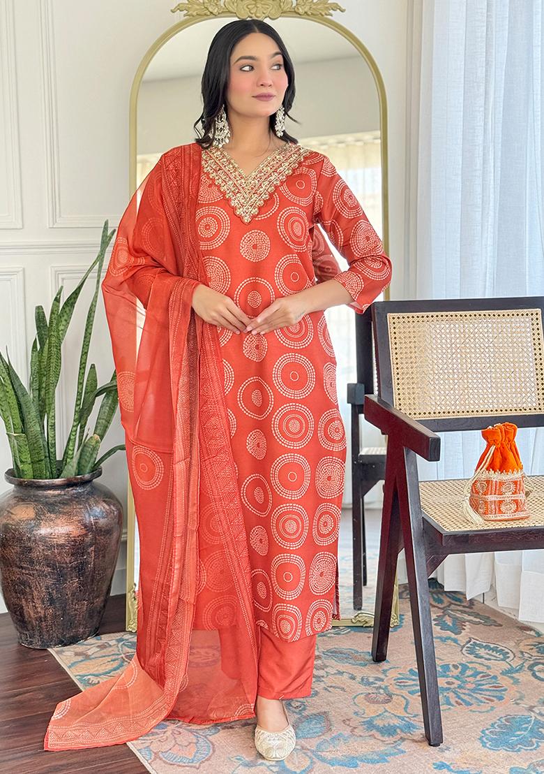 Orange Rayon Printed Salwar Kameez With Dupptta