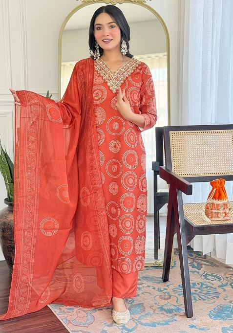Orange Rayon Printed Salwar Kameez With Dupptta