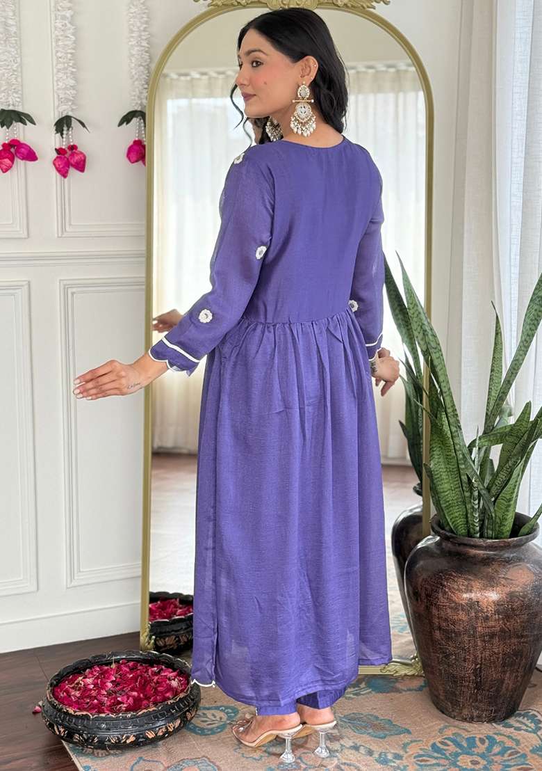 Lavender Chikankari Silk Blend Pakistani Suit Set - Indya