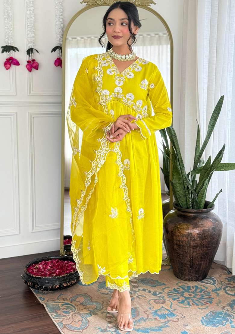 Lemon Embroidered Silk Blend Anarkali Set - Indya
