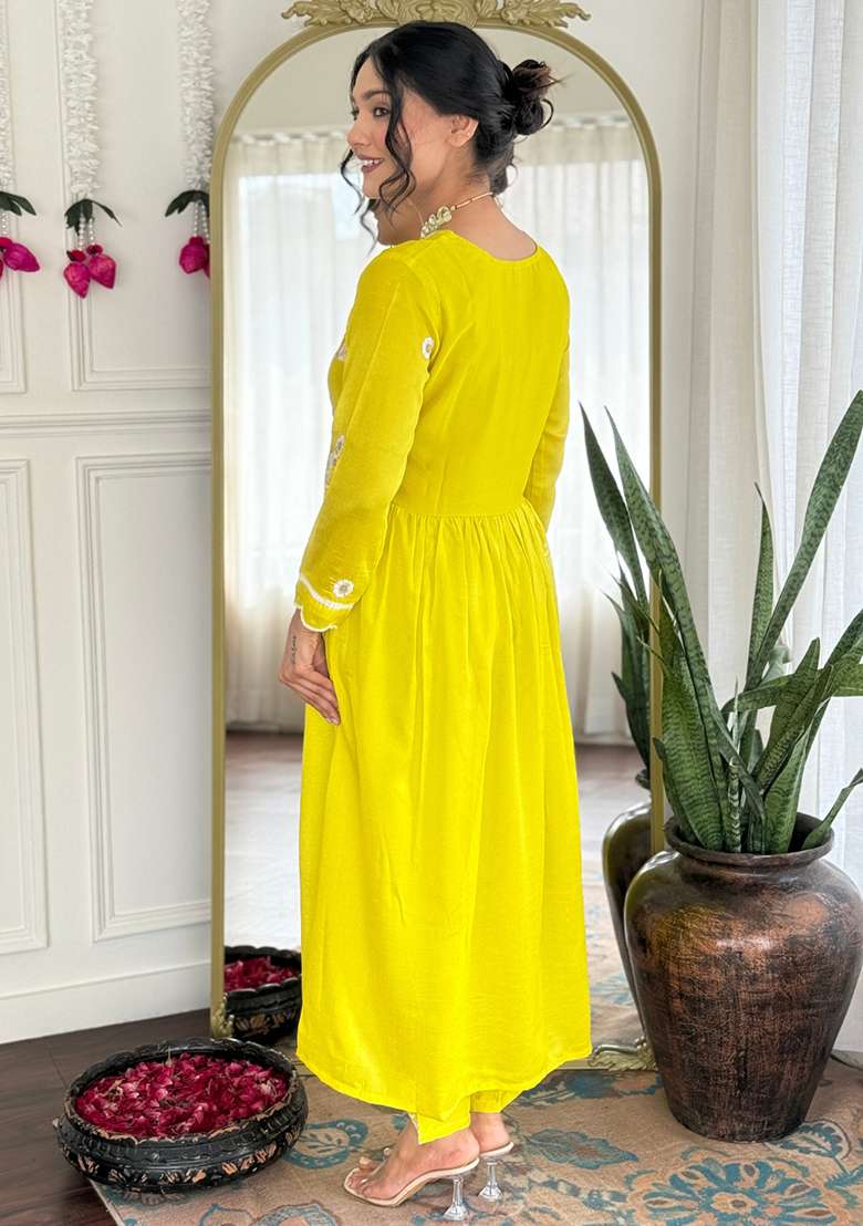 Lemon Embroidered Silk Blend Anarkali Set - Indya