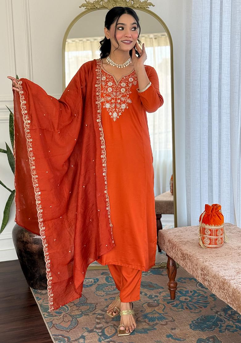 Orange Viscose Embroidered Salwar Kameez With Dupptta