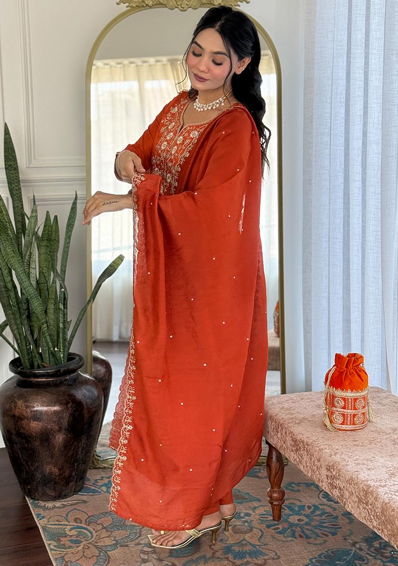Orange Viscose Embroidered Salwar Kameez With Dupptta
