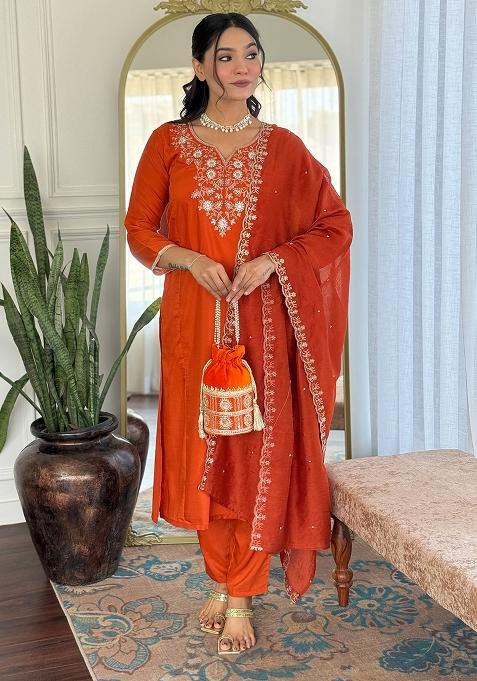Orange Viscose Embroidered Salwar Kameez With Dupptta