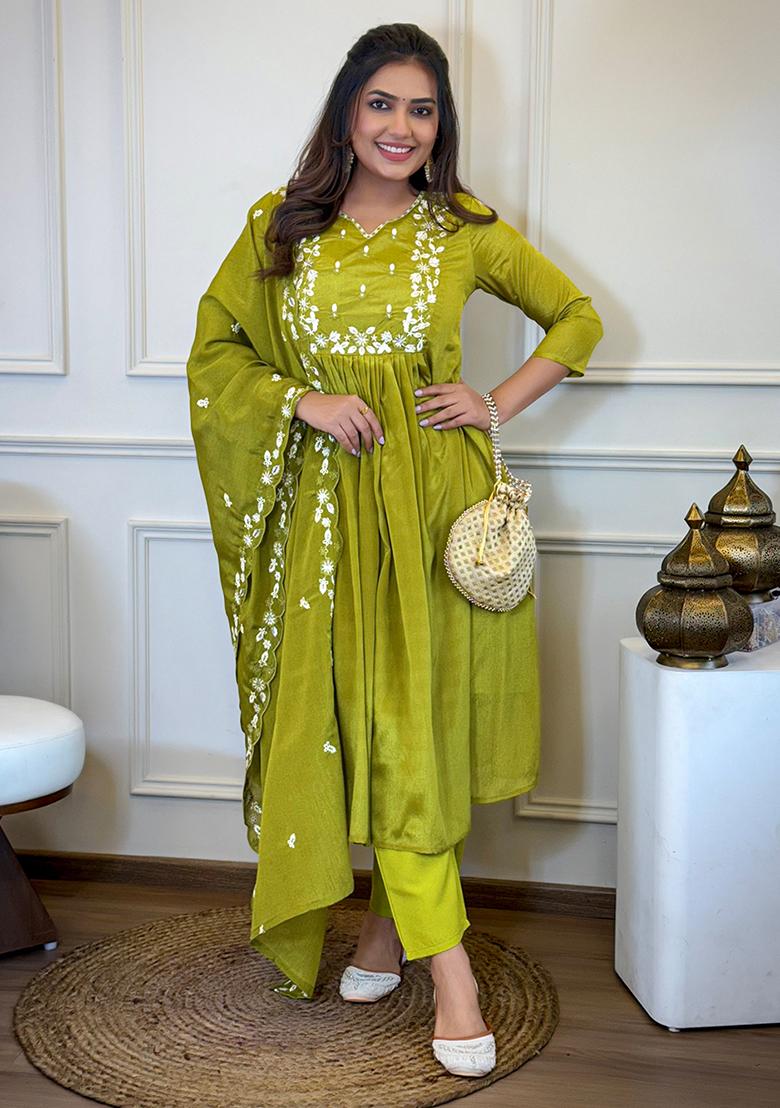 Lemon Chinon Embroidered Salwar Kameez With Dupptta