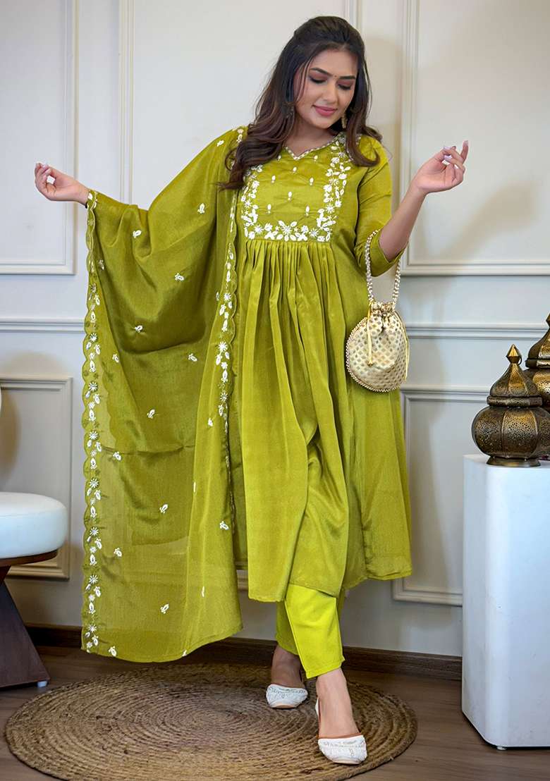 Lemon Embroidered Chinon Anarkali Set - Indya