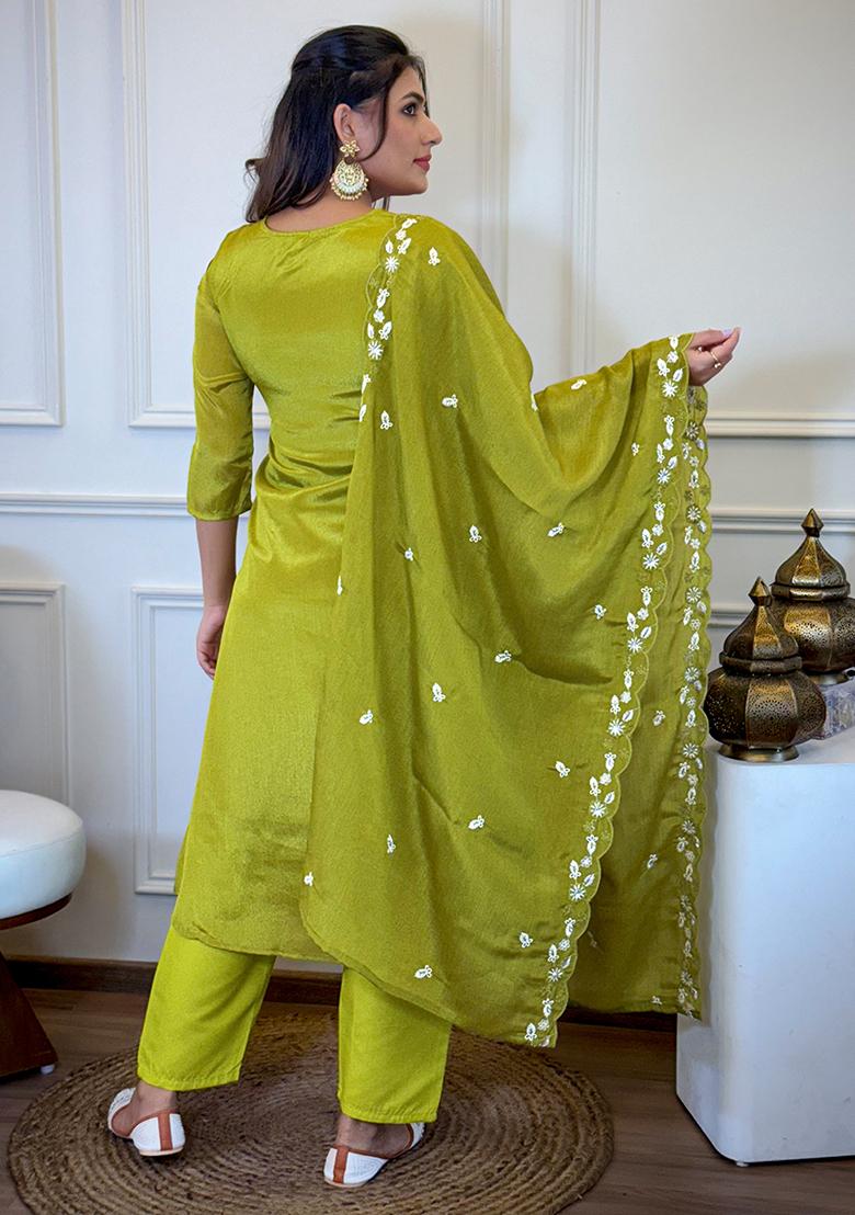 Lemon Chinon Embroidered Salwar Kameez With Dupptta