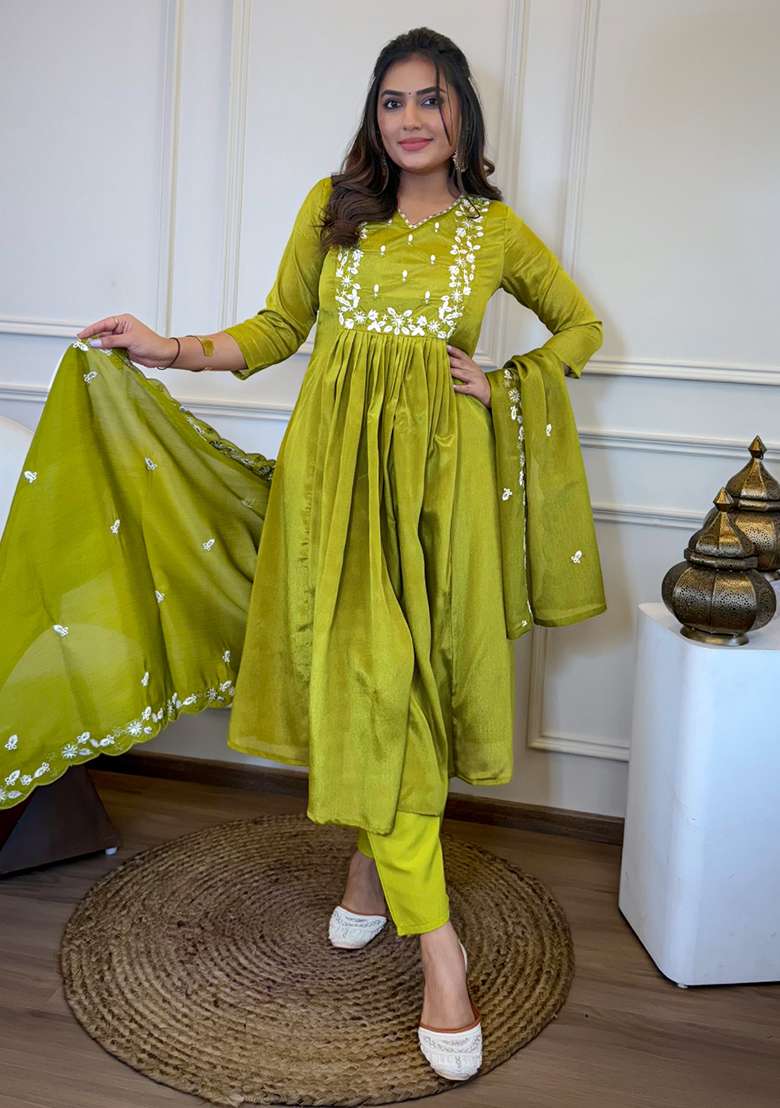 Lemon Embroidered Chinon Anarkali Set - Indya