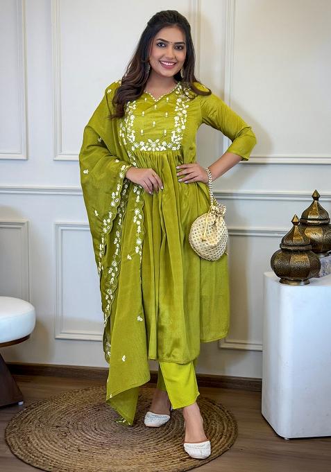 Lemon Chinon Embroidered Salwar Kameez With Dupptta