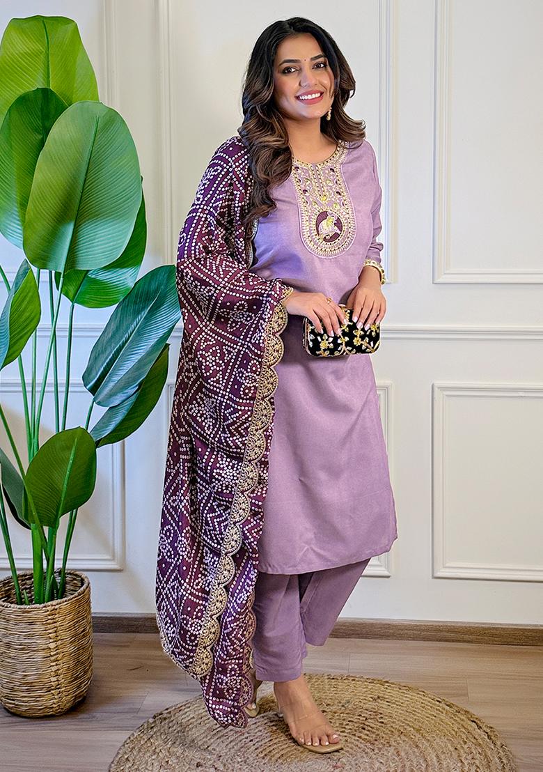 Lavender Viscose Embroidered Salwar Kameez With Dupptta