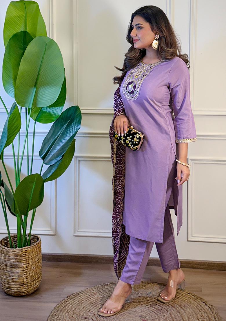 Lavender Viscose Embroidered Salwar Kameez With Dupptta