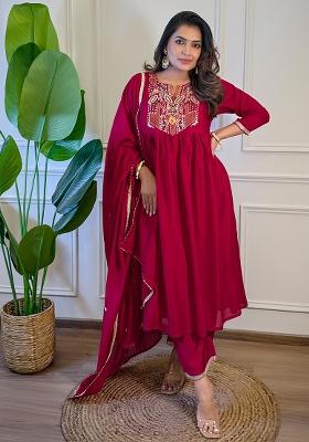 Red Silk Embroidered Salwar Kameez With Dupptta
