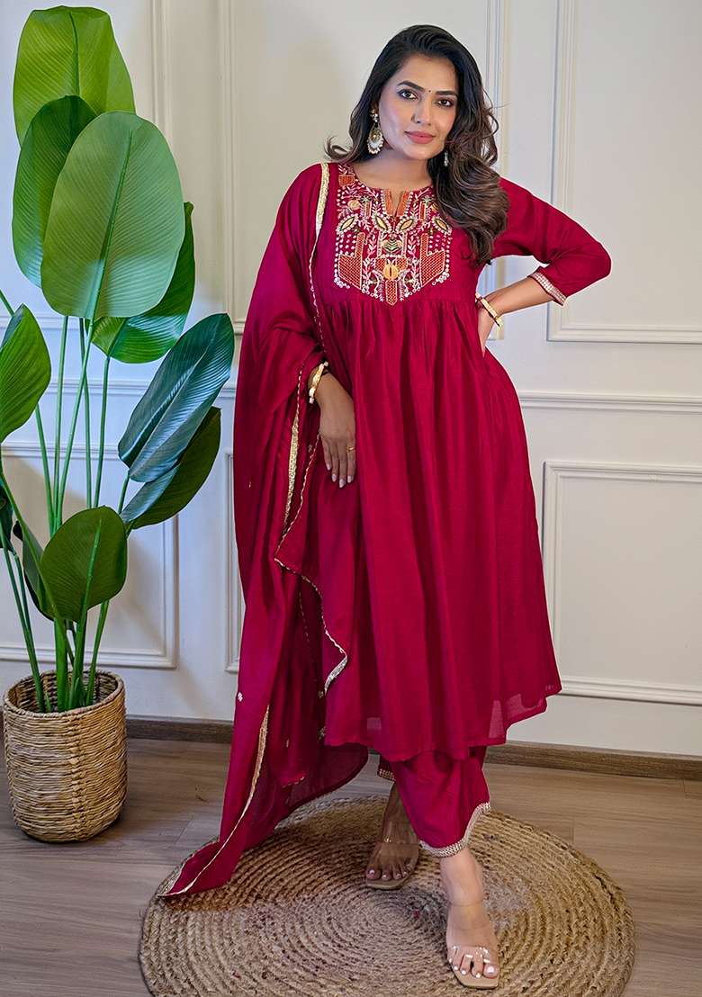 Red Silk Embroidered Salwar Kameez With Dupptta - Indya