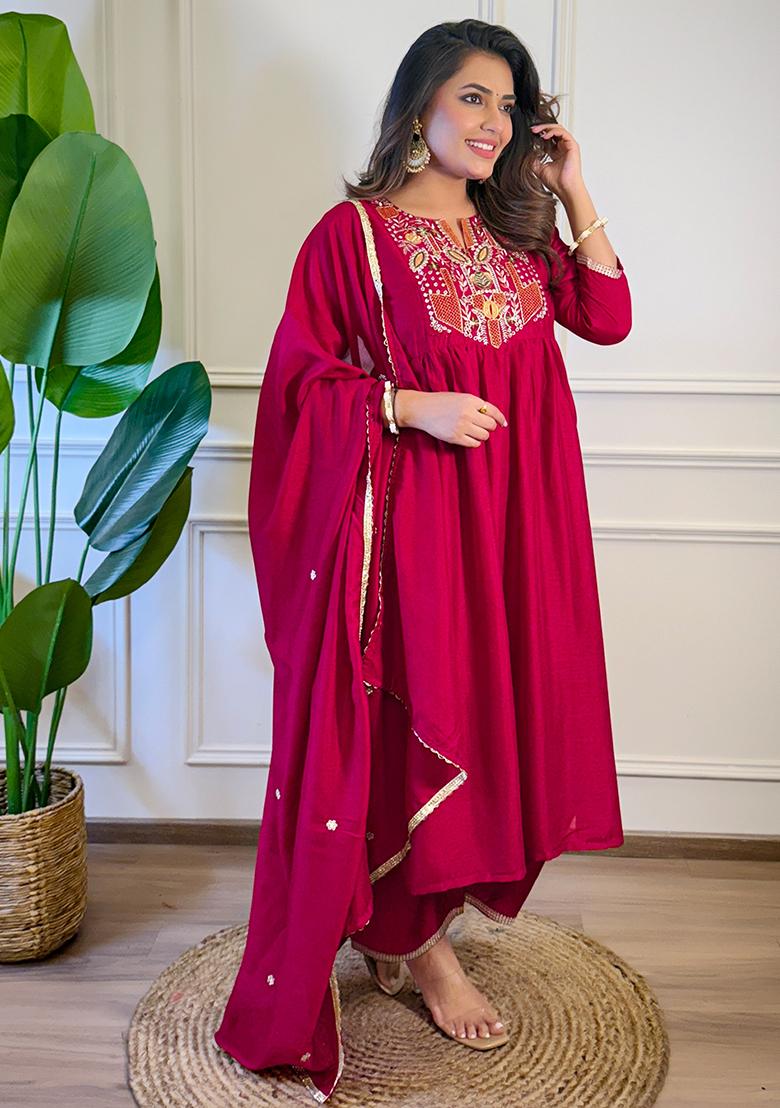 Red Silk Embroidered Salwar Kameez With Dupptta