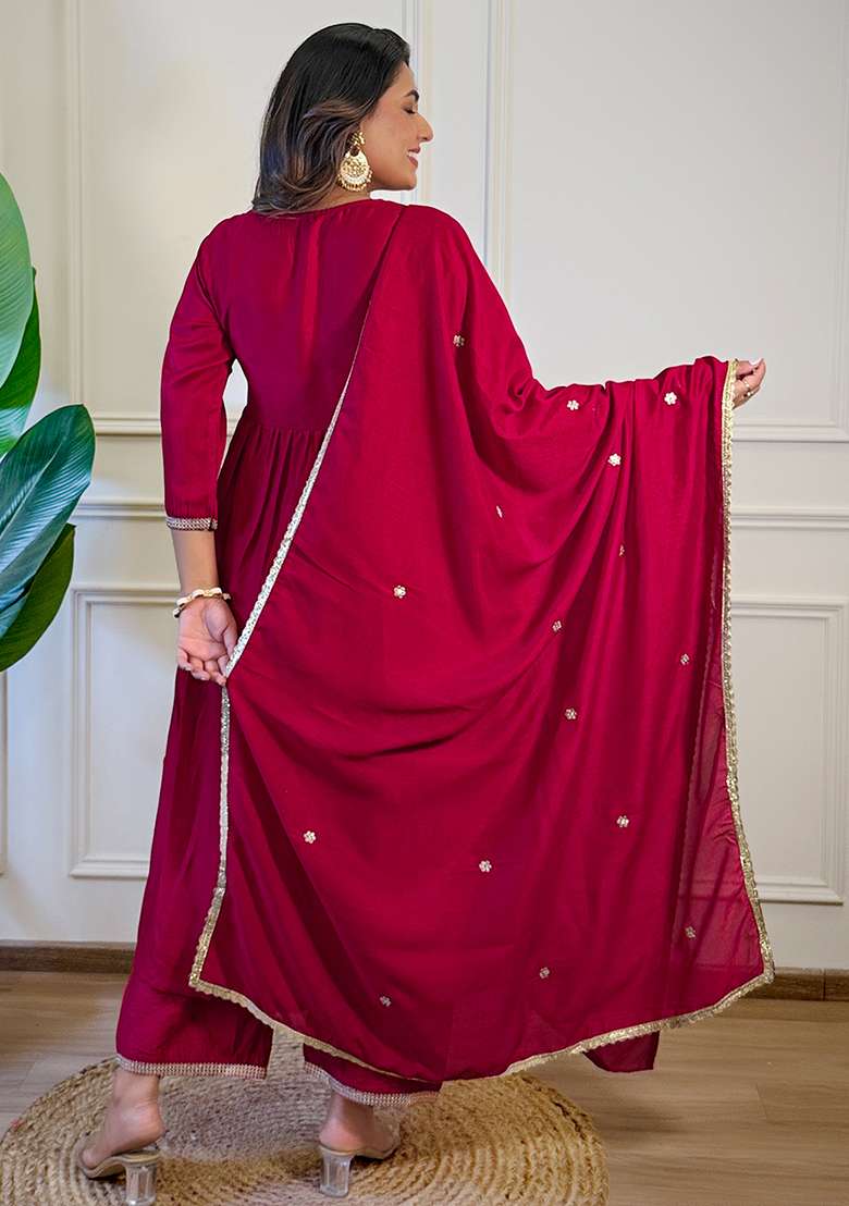 Red Silk Embroidered Salwar Kameez With Dupptta - Indya
