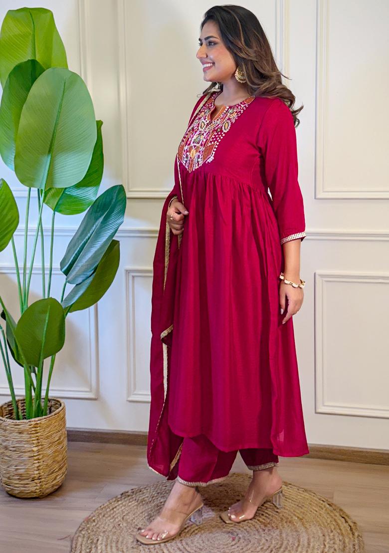 Red Silk Embroidered Salwar Kameez With Dupptta