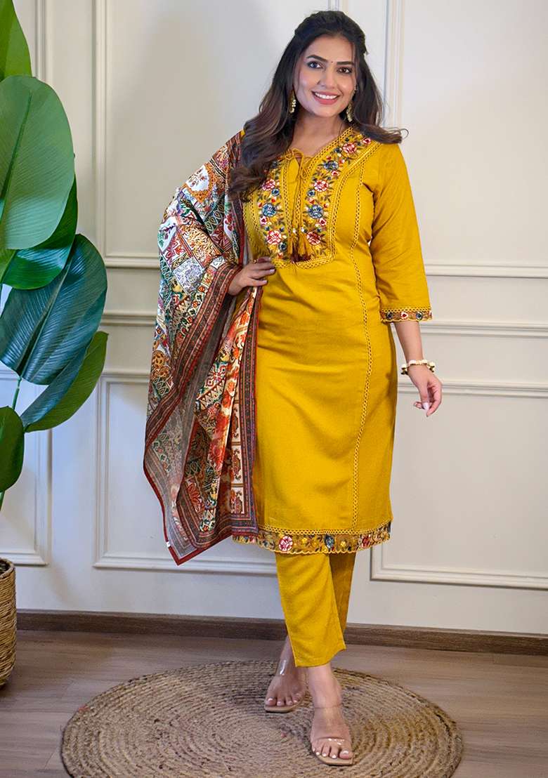Mustard Embroidered Viscose Straight Kurta Set - Indya
