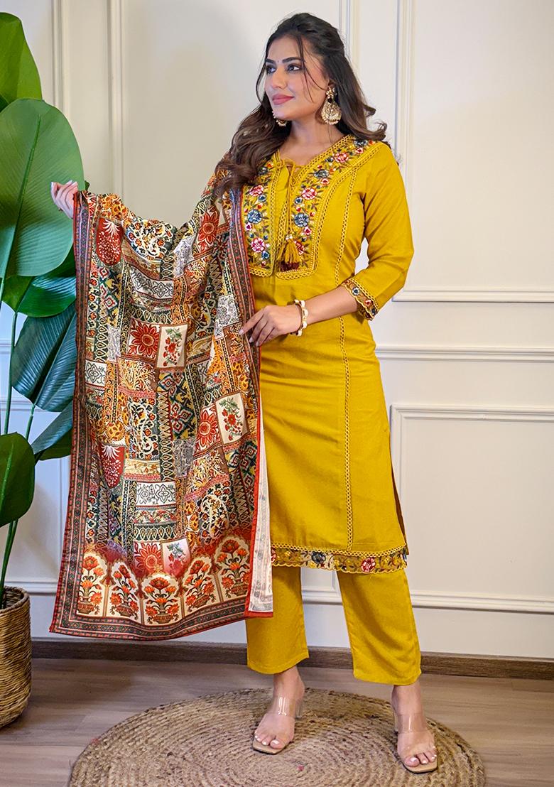 Mustard Viscose Embroidered Salwar Kameez With Dupptta