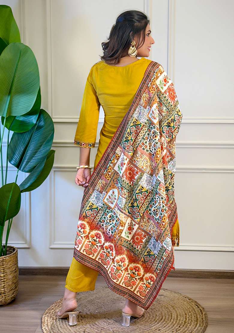 Mustard Embroidered Viscose Straight Kurta Set - Indya
