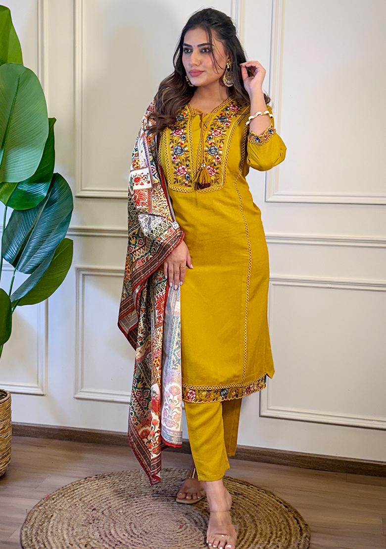 Mustard Viscose Embroidered Salwar Kameez With Dupptta