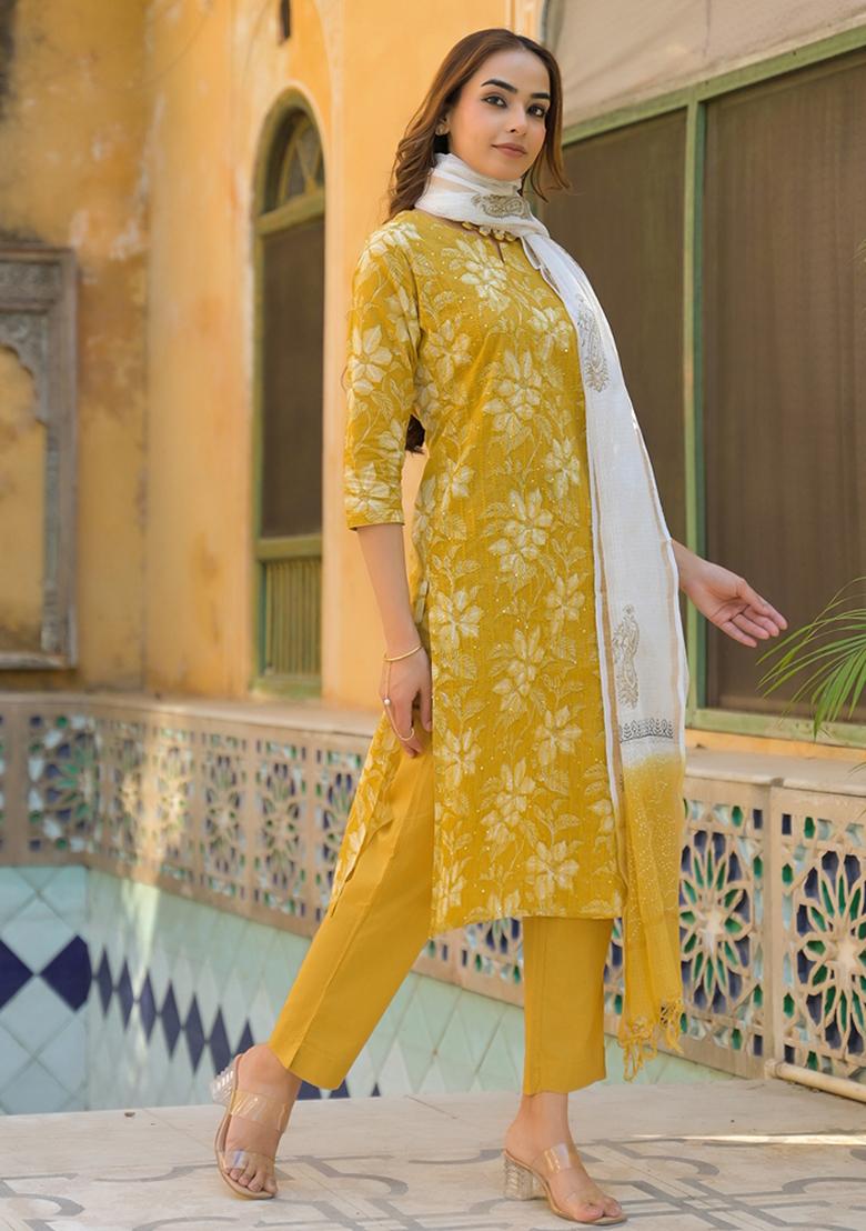 Mustard embroidered Cotton Salwar Kameez With Dupatta