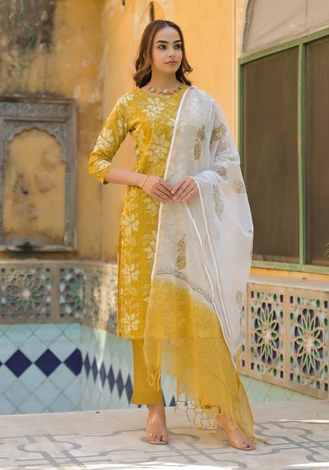 Mustard embroidered Cotton Salwar Kameez With Dupatta