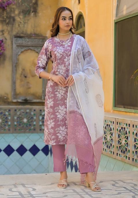 Peach embroidered Cotton Salwar Kameez With Dupatta