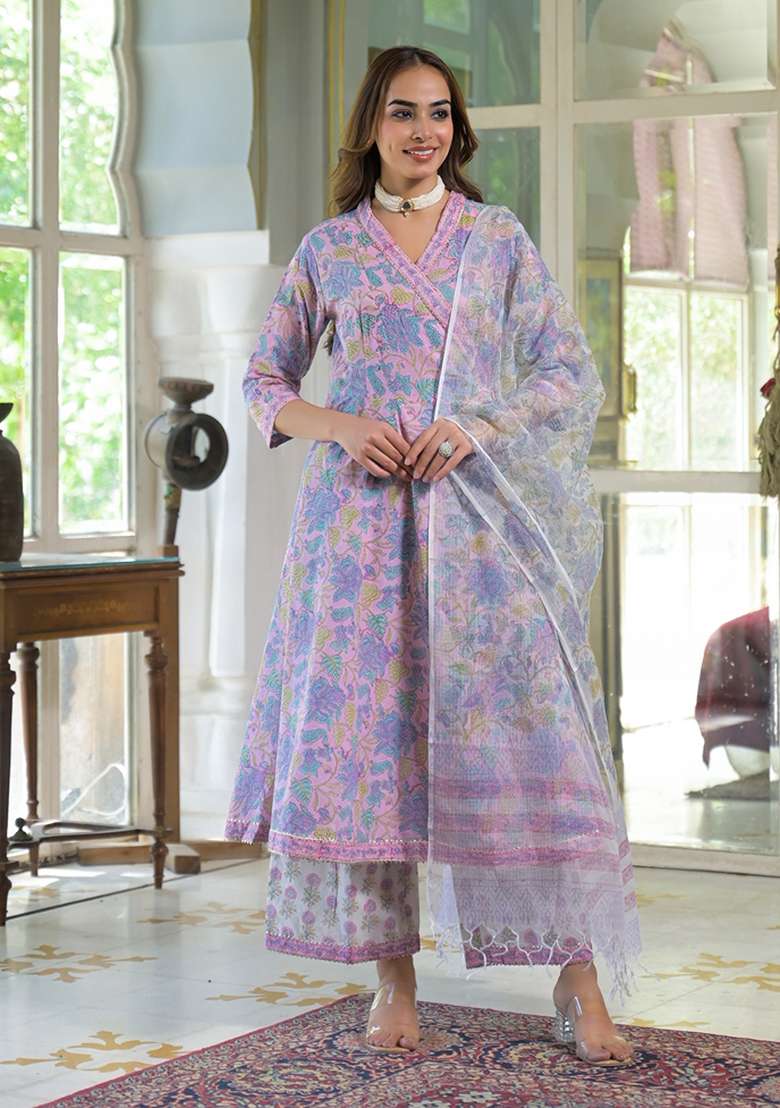 Pink Floral Print Cotton Straight Kurta Set - Indya