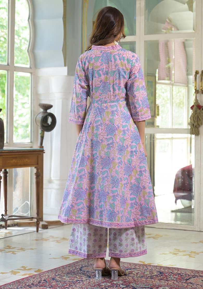 Pink Floral Print Cotton Straight Kurta Set - Indya