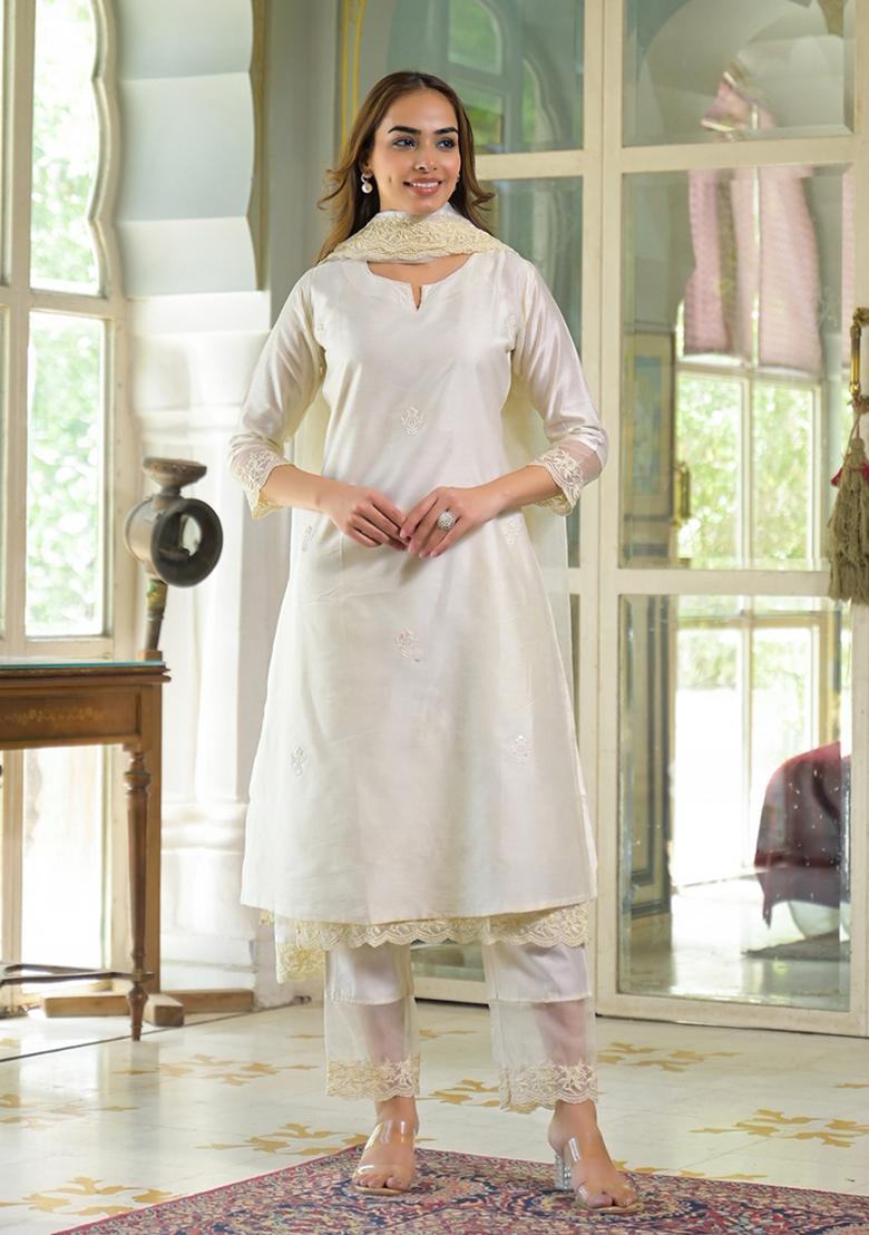 Cream embroidered Chanderi Salwar Kameez With Dupatta