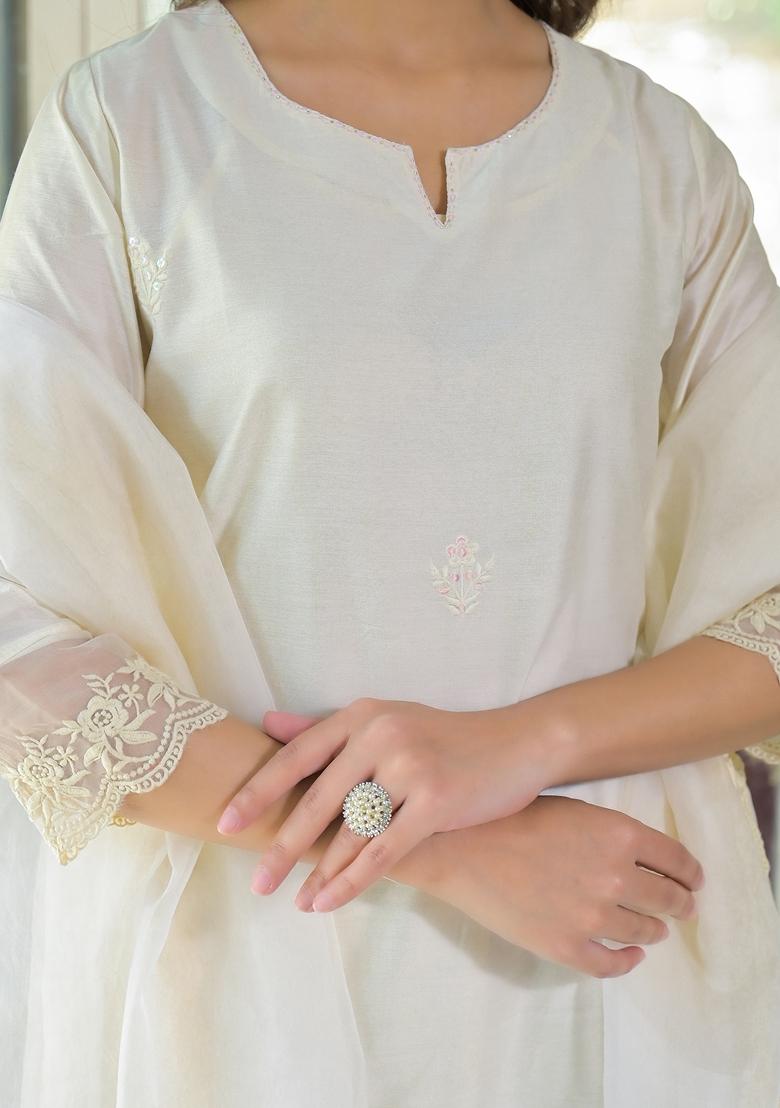 Cream embroidered Chanderi Salwar Kameez With Dupatta
