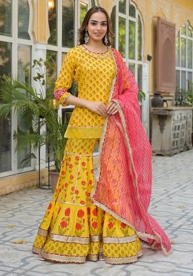 Yellow embroidered Rayon Salwar Kameez With Dupatta