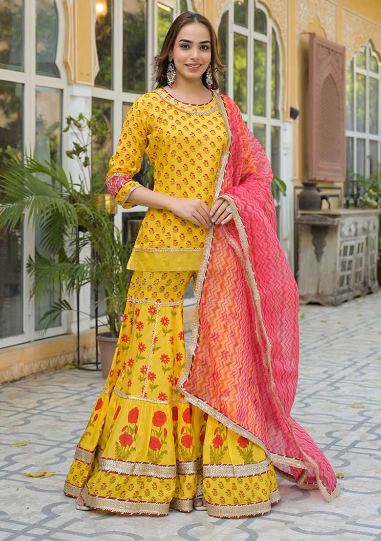 Yellow Printed Rayon Sharara Set - Indya