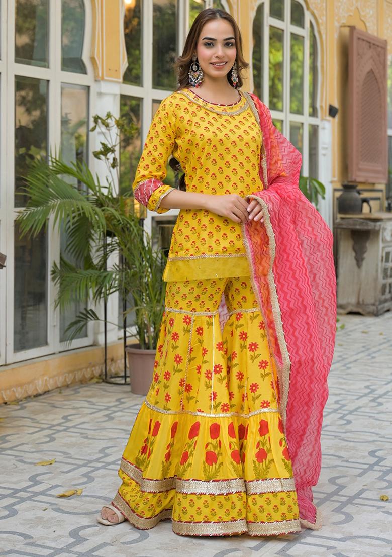 Yellow embroidered Rayon Salwar Kameez With Dupatta